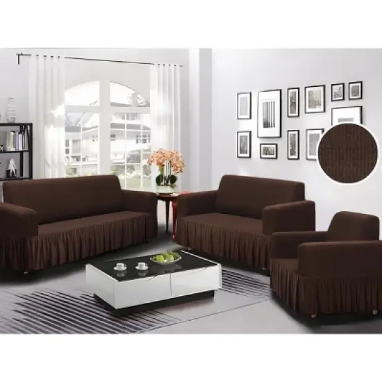 Home Mart Goods Chocolate Brown 3-Piece Set 4-Way Stretch Ruffled Skirt Slipcover Sofa Loveseat & Armchair Cover Protector image {3}