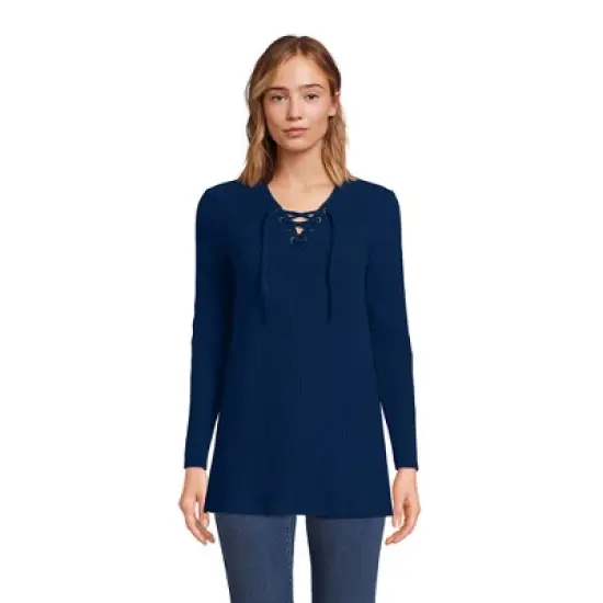 Lands' End Women's Long Sleeve Waffle Knit Lace Up Tunic image {1}