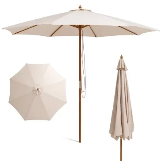 Costway 10FT Patio Wooden Market Table Umbrella Pulley with 8 Bamboo Ribs Sunshade Canopy Coffee/Gray/Navy/Wine/Beige image {10}