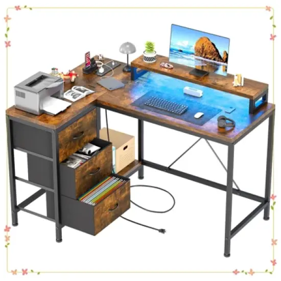 L-Shaped Computer Desk with 4 Power Outlets, 2 USB Ports, 7-Color LED Lights image {8}