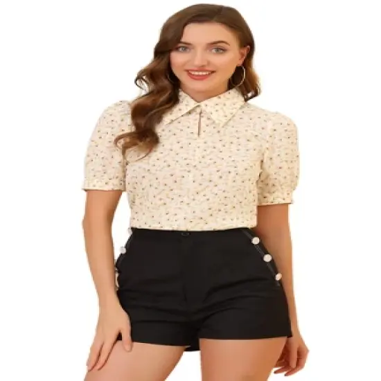 Allegra K Women's Vintage Floral Turndown Collar Split Neck Puff Short Sleeve Chiffon Elegant Blouse image {6}