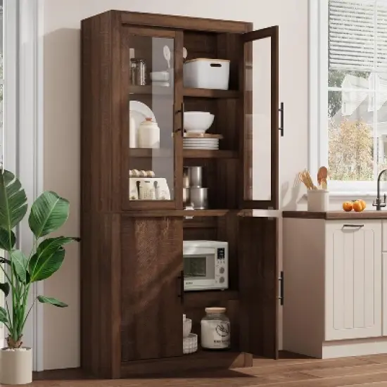 Tall Kitchen Pantry, Pantry Storage Cabinet with 2 Glass Doors & Adjustable Shelves, Farmhouse Freestanding Pantry Cupboard image {9}