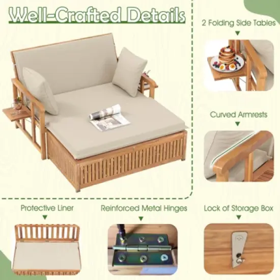 Costway Outdoor Wooden Daybed with 4-Level Backrest & Removable Cushions for Poolside image {8}