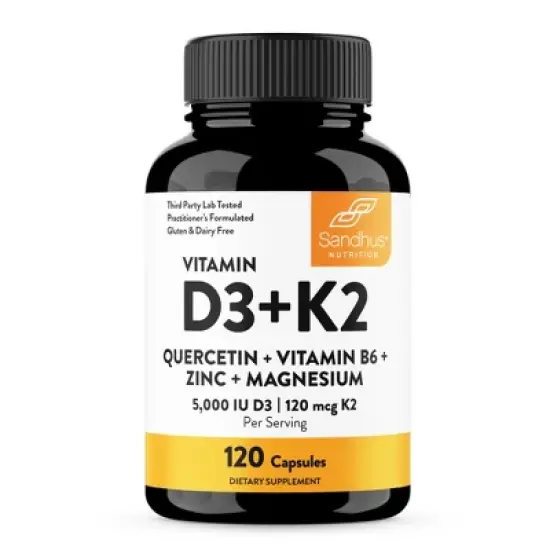 Sandhu's Vitamin D3 K2 5000IU, 120 mcg Capsules 120 Count with Magnesium, Vit B6, Zinc & Quercetin, Supports Energy, Immune, Bone & Muscle Health image {9}