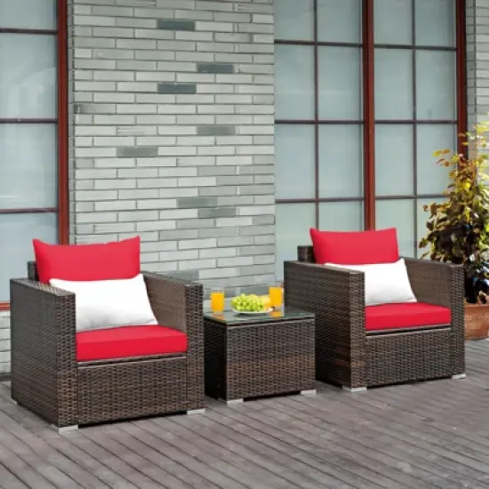 Costway 3PCS Patio Rattan Furniture Set Conversation Sofa Cushioned Turquoise\Red image {9}