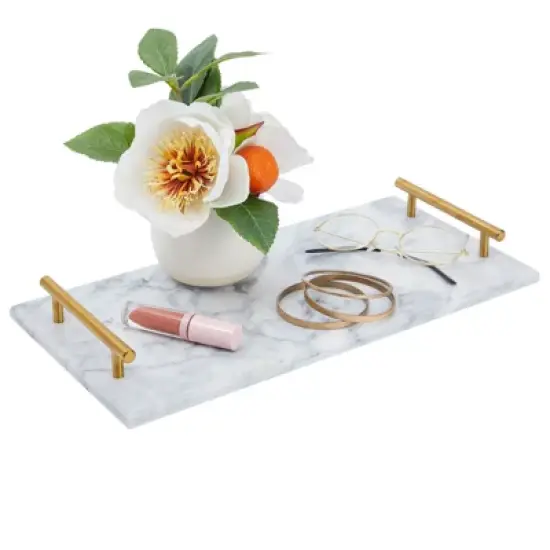 Rectangle Marble Serving Tray, Jewelry Trinket Tray, Perfume Tray, Bathroom Toilet Vanity Tray with Handle (White 15"x7.5"x0.4") image {2}