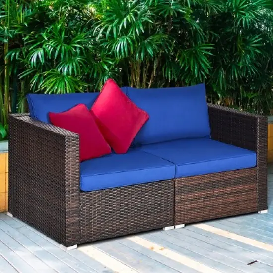 Costway 4PCS Patio Rattan Corner Sofa Sectional Furniture Set Navy Cushion image {5}