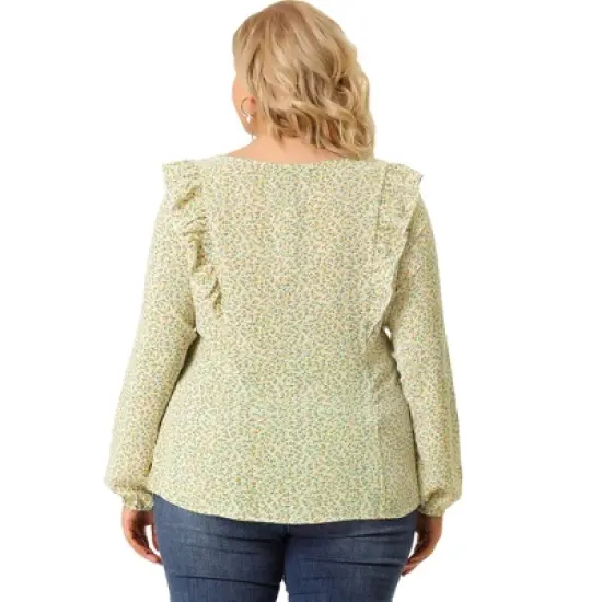 Agnes Orinda Women's Plus Size Blouses Long Sleeve Square Neck Ditsy Ruffle Floral Tops image {4}
