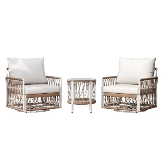 Christopher Knight Home Dolphine Bohemian 3 Piece Patio Handwoven Rope Swivel Seating Set with Glass Top Side Table image {4}