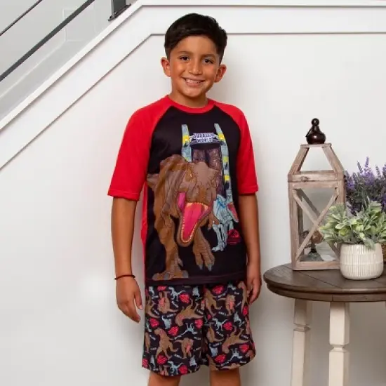 Jurassic World Boys' Blue T-Rex Park Logo Sleep Pajama Set Shorts Black image {4}
