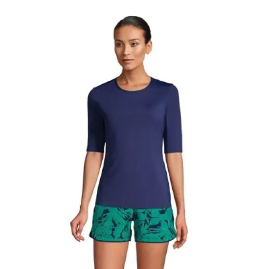 Lands' End Women's Crew Neck Elbow Sleeve Rash Guard UPF 50 Sun Protection Modest Swim Tee image {2}