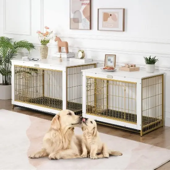 MaseiKar Dog Crate Furniture, Large Dog Kennel Indoor, Wooden Cage with Pull-Out Tray, Double Doors Pet House Side End Table for Large/Medium image {2}