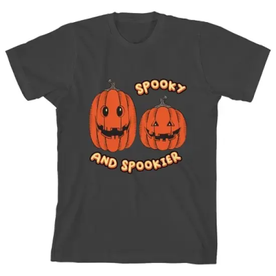 Kids Halloween Two Jack O Lanterns Spooky & Spookier Youth Charcoal Short Sleeve Crew Neck Tee image {7}