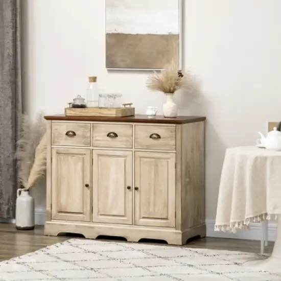 HOMCOM Sideboard Buffet Cabinet with Storage Drawers Adjustable Shelves Countertop Dining Room Cabinet Kitchen Buffet Living Room Furniture Natural image {1}