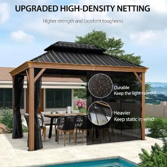 PURPLE LEAF Outdoor Hardtop Gazebo for Patio Galvanized Steel Double Roof Permanent Canopy Teak Finish Aluminum Frame Pavilion Gazebo with Netting image {7}