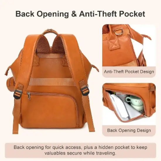 Itopfox Vegan Leather Diaper Backpack with Waterproof Changing Pad, Reinforced Stitching & Zippers, Ergonomic Design for Traveling Moms, Brown image {6}