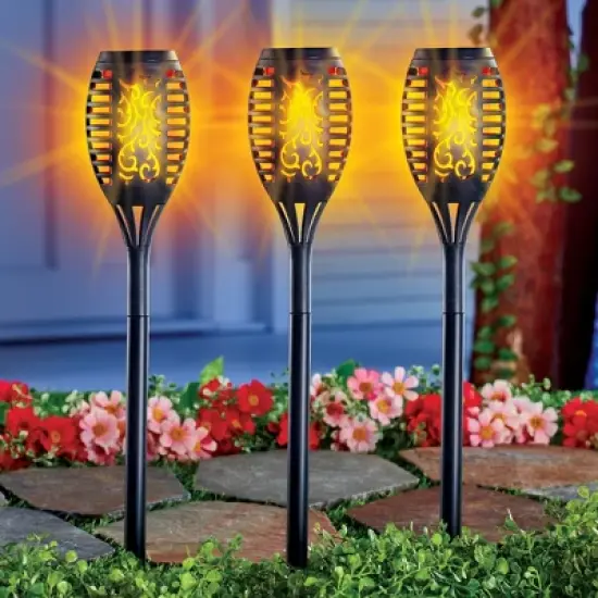 Collections Etc Solar Powered Dancing Faux Flame Garden Stakes - Set of 3 image {1}