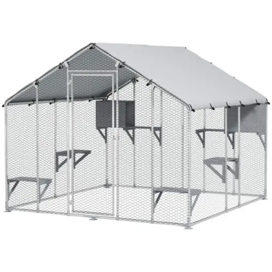 PawHut Catio Outdoor Cat Enclosure, 94.5" Extra Large Walk-in Cat House with Waterproof Cover, 2 Resting Boxes, 7 Jumping Platforms, for 5 Kittens image {3}