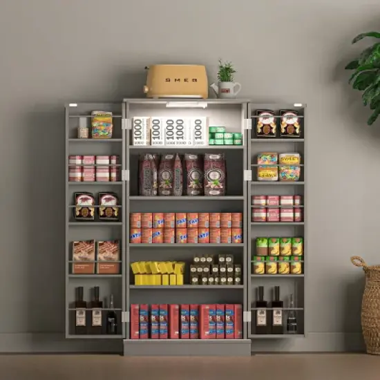 50 inch LED Kitchen Pantry Storage Cabinet with Adjustable Shelves and Door Racks, Freestanding for Small Spaces image {2}