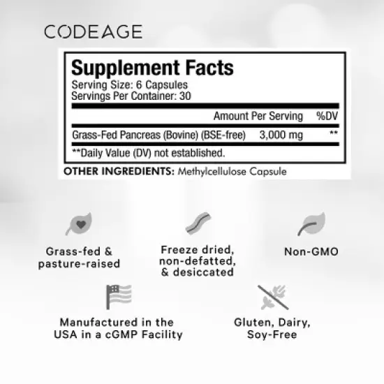 Codeage Grass-Fed Beef Pancreas Pasture-Raised Non-Defatted Glandular Supplement - 180ct image {2}