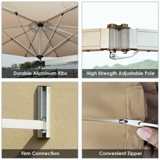 Costway 8ft Wall-Mounted Umbrella Telescopic Folding Tilt Sun Shade Tan\Turquoise image {9}