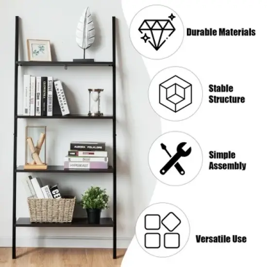 Costway Industrial Ladder Shelf 4-Tier Leaning Wall Bookcase Plant Stand Rustic Black/Brown image {6}
