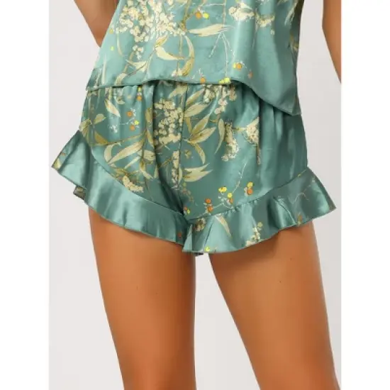 cheibear Women's Satin Lounge Floral Cami Tops with Shorts Ruffled Pajamas Sets image {3}