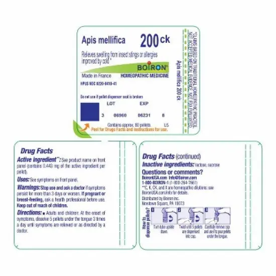 Apis Mellifica 200CK by Boiron Homeopathic Single Medicine For First Aid  -  80 Pellet image {1}