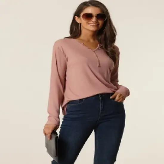 cheibear Womens Casual V Neck Ribbed Pullover Long Sleeve Sleepwear Tops image {2}