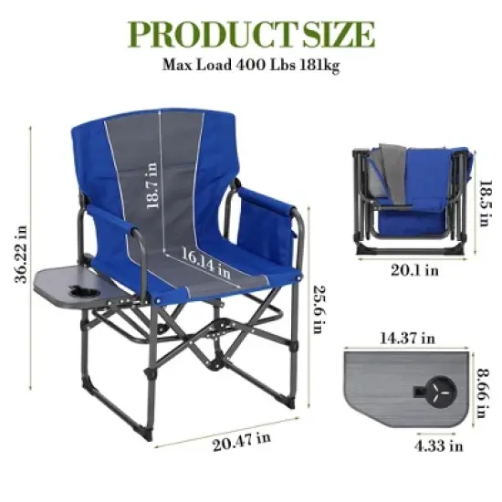 Portable Folding Camping Chair, Directors Chairs with Side Table, Drink Holder, Durable Armrests image {2}