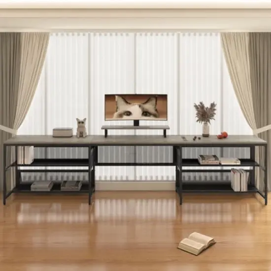 Kumasinova 82" L Shaped Desk with Storage,U-Shaped Gaming Desk with Power Outlets,LED-lit Office Desk with Monitor Stand for Office&Study,Gray image {1}