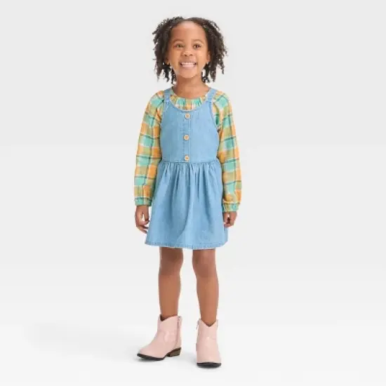 Toddler Girls' Plaid Long Sleeve Top & Denim Skirtall Set - Cat & Jack&trade; Blue image {2}