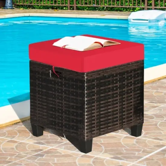 Costway 2PCS Patio Rattan Ottoman Cushioned Seat Foot Rest Coffee Table Red image {1}
