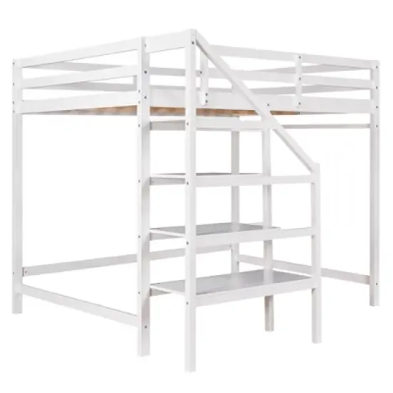 Full Size Loft Bed with Staircase And Safety Guardrails Gray/White-ModernLuxe image {9}