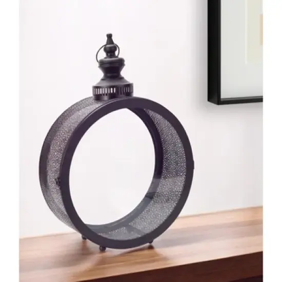 HomeRoots 22" Black Distressed Ornate Metal Floor Lantern Candle Holder image {1}