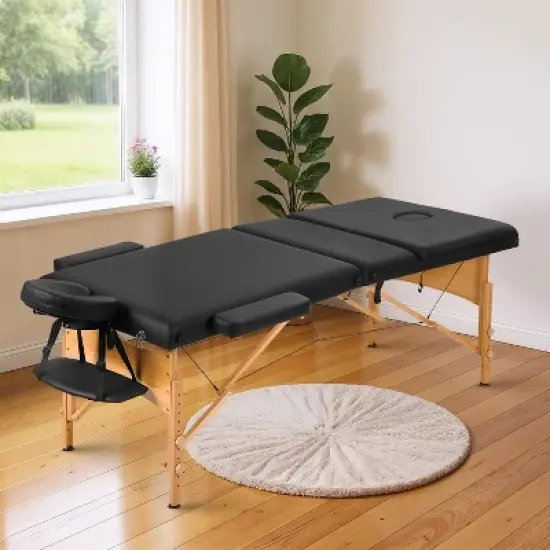 FDW Massage Table Massage Bed Heigh Adjustable 3 Fold 82" Massage Table W/Sheet Cradle Cover 2 Bolster Hanger Portable Facial Salon Tattoo Bed,Black image {1}