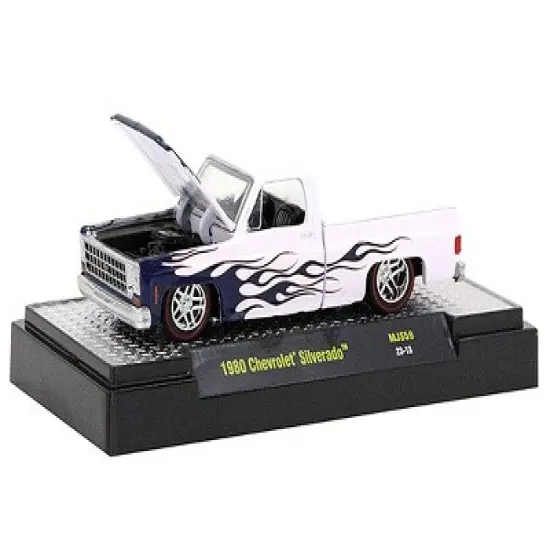 1980 Chevrolet Silverado Pickup Truck White with Blue Flames Ltd Ed to 6050 pcs 1/64 Diecast Model Car by M2 Machines image {1}