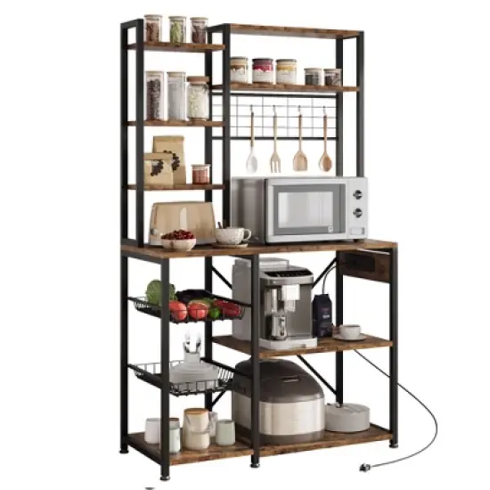 Microwave Stand Bakers Rack, Standing Bakers Rack with Power Outlet, Large Open Storage Shelves, Coffee Bar Kitchen Storage Shelf image {9}