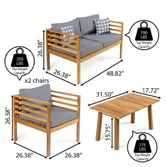 Thom 4-Piece Mid-Century Modern Acacia Wood Outdoor Patio Set with Cushions and Plaid Decorative Pillows - JONATHAN Y image {2}