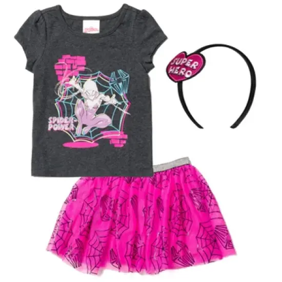 Marvel Spider-Man Spider-Gwen Girls Graphic T-Shirt Tulle Skirt and Headband 3 Piece Outfit Set Toddler to Big Kid image {8}