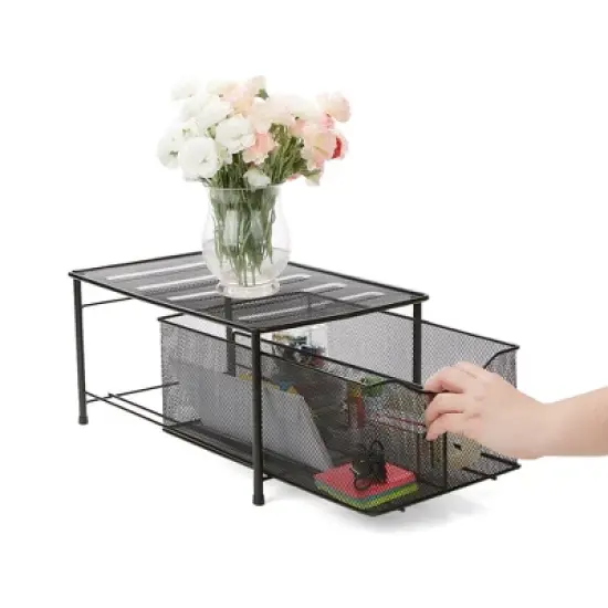 Mind Reader Storage Basket and Organizer [METAL MESH] 3-Compartment Pull-out / Sliding Organizing Drawer, Under the Sink Kitchen and Bathroom Shelf Cabinet (BLACK) image {12}