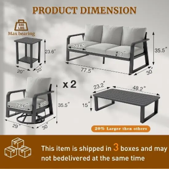 SUGOLD 5-Piece Aluminum Patio Conversation Set with Coffee Table and Gray Cushions image {1}