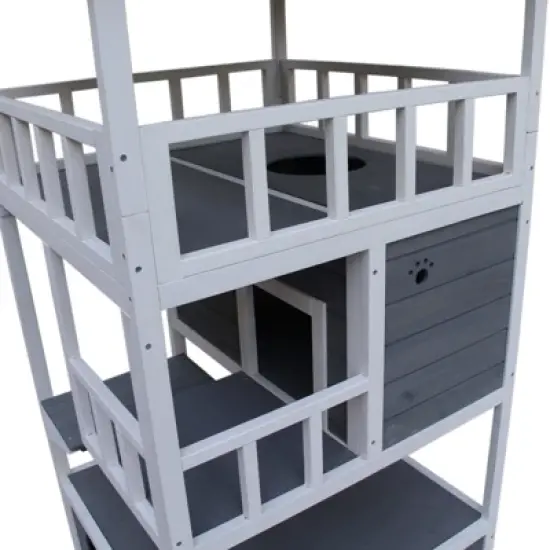 PawHut Wooden Outdoor Cat House, Feral Cat Shelter Kitten Tree with Asphalt Roof, Escape Doors, Condo, Jumping Platform image {6}