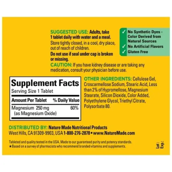Nature Made Magnesium Oxide 250mg  Muscle, Nerve, Bone & Heart Support Supplement Tablets - 200ct image {2}
