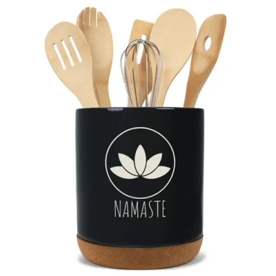 Elanze Designs Yoga Zen Calming Calm Namaste Relaxed Ceramic Cork Bottom Black Large Capacity Utensil Holder Crock for Countertop Storage, Stylish & image {4}