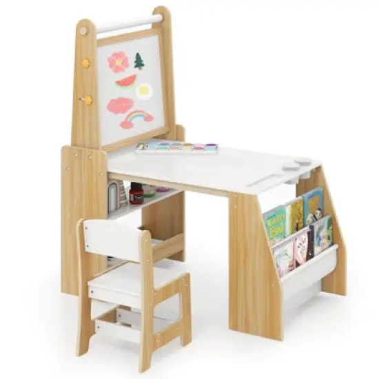 Costway Kids Art Table and Chair Set with  Easel & Chair Whiteboard & Chalkboard Paper Roll image {10}