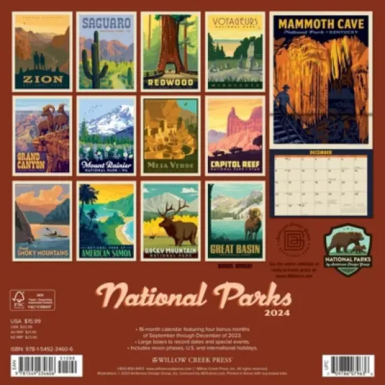 Willow Creek Press 2024 Wall Calendar 12"x12" National Parks Art image {1}