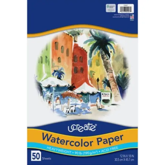 UCreate&reg; Watercolor Paper, White, 90lb., 12" x 18", 50 Sheets image {2}
