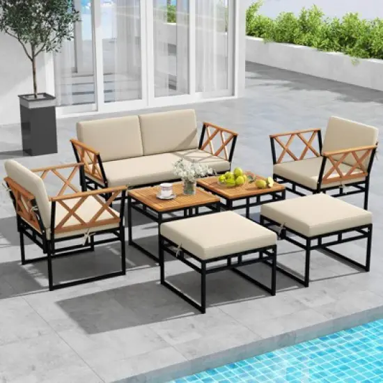 Costway 7 PCS Outdoor Conversation Set Acacia Wood Chairs & Coffee Tables Set with Ottomans image {3}