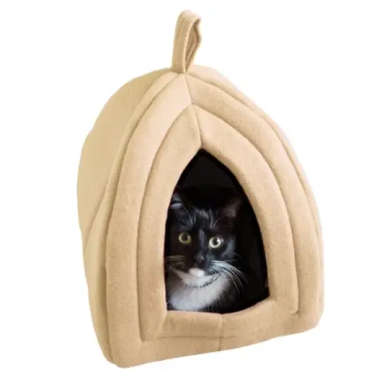 Pet Adobe Enclosed Igloo Cat Bed - Pet Tent With Removable Cushion Pad - Tan image {1}